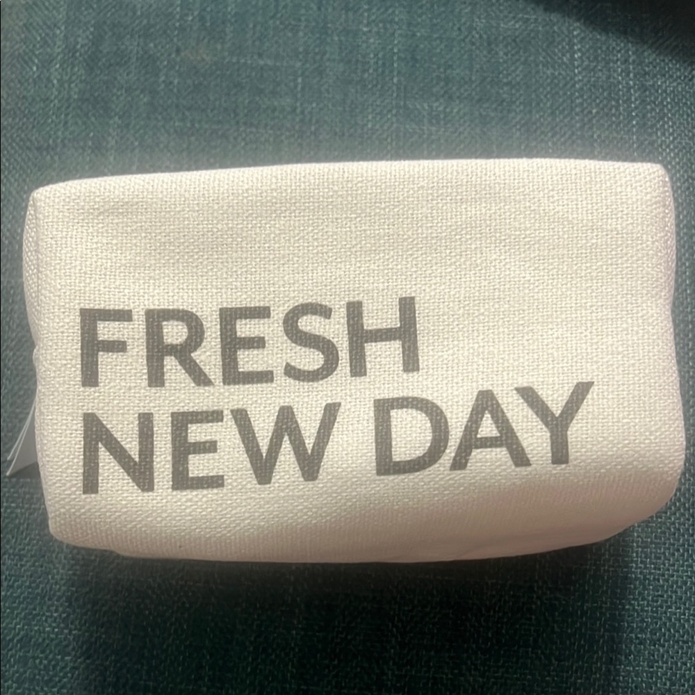 New Fresh White Pouch with Bold Text. Makeup bag